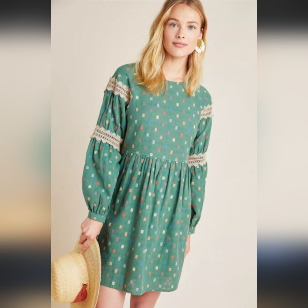 NWT Anthropologie Ro &‎ De Green Boho Midi Dress w/ Colorful Squares & Lace Trim